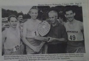 1998 winner Deon McNeilly with team mates Dermot McGonigle and Damien Brannigan. Race organiser Frank Morgan